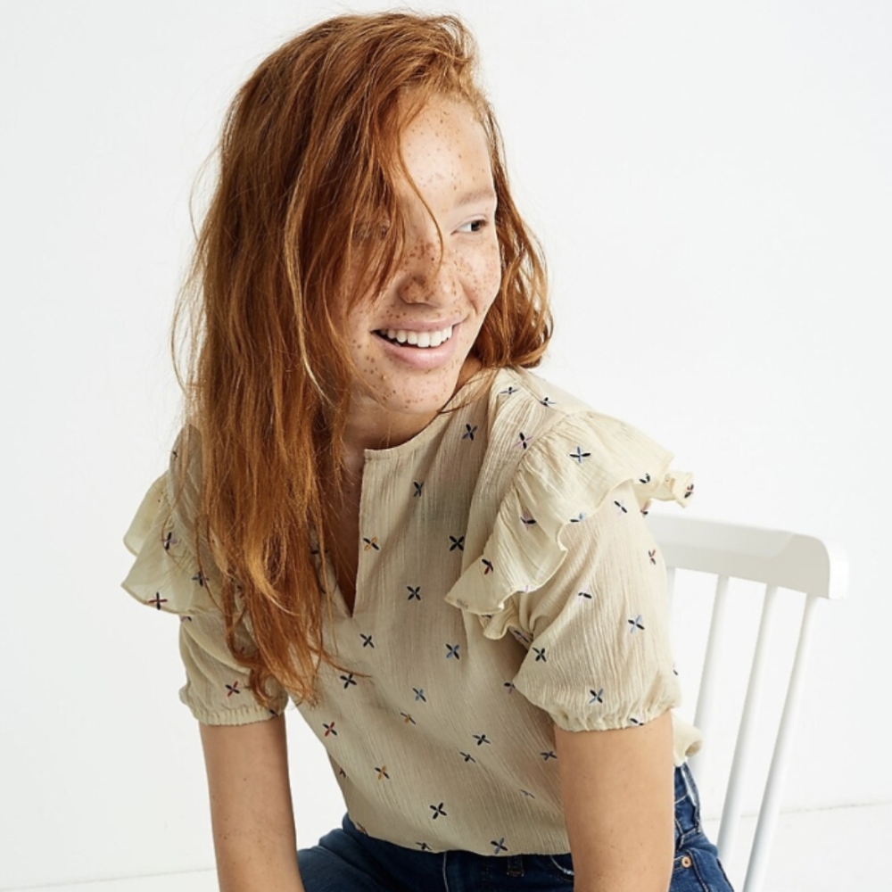 Madewell Cream Embroidered Short Sleeve Gazebo Top Sz Medium